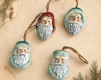 Vintage Ceramic Santa Head Ornaments, Set of 4 | Victorian Style Christmas Tree Decorations | Hand Painted Old World Holiday Decor