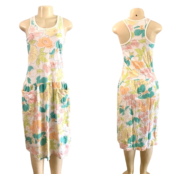 Vintage Summer Beach Dress by Cypress, 1990s – Size S, Long Maxi, Pastel Floral Orange Cotton