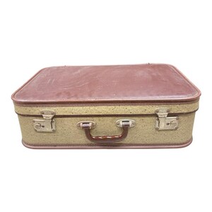 Vintage Brown Suitcase with Tweed Front – Midcentury Luggage, Stackable Travel Case, Decorative Storage, Travel Decor Gift
