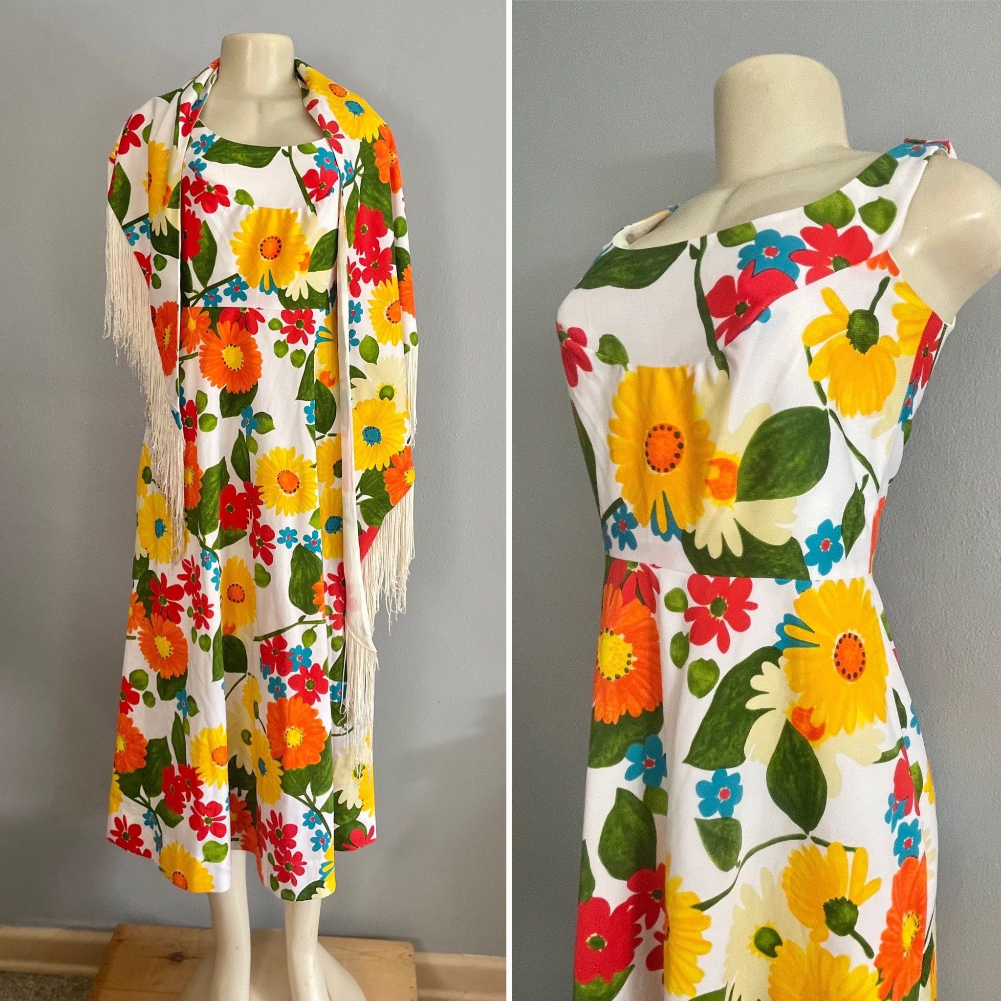 Vintage 60s 70s Flower Power Dress and Shawl With Colorful