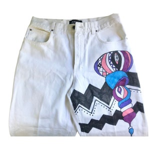 Vintage Versace Medusa Couture White Jeans RARE Hand Painted Customized Size 34 48 Wearable Art Hipster Versace Medusa jeans Made in Italy.