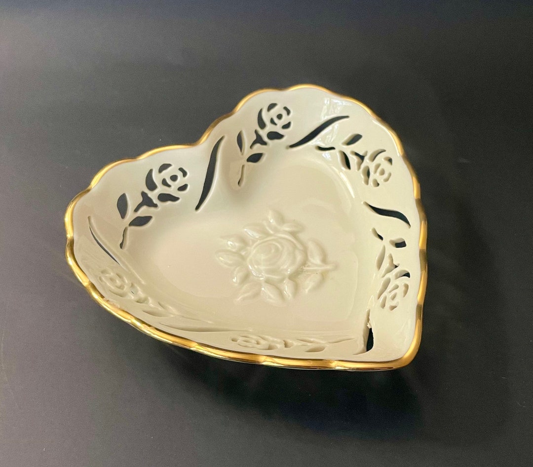 Vintage Lenox Collection Heart Shaped Dish Small Trinket Tray With Floral Cutouts and Raised