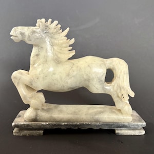 Vintage Carved Jade Horse Sculpture – Made in China – Running Horse on Stone Base – Asian Decor Fine Arts – 6” Collectible