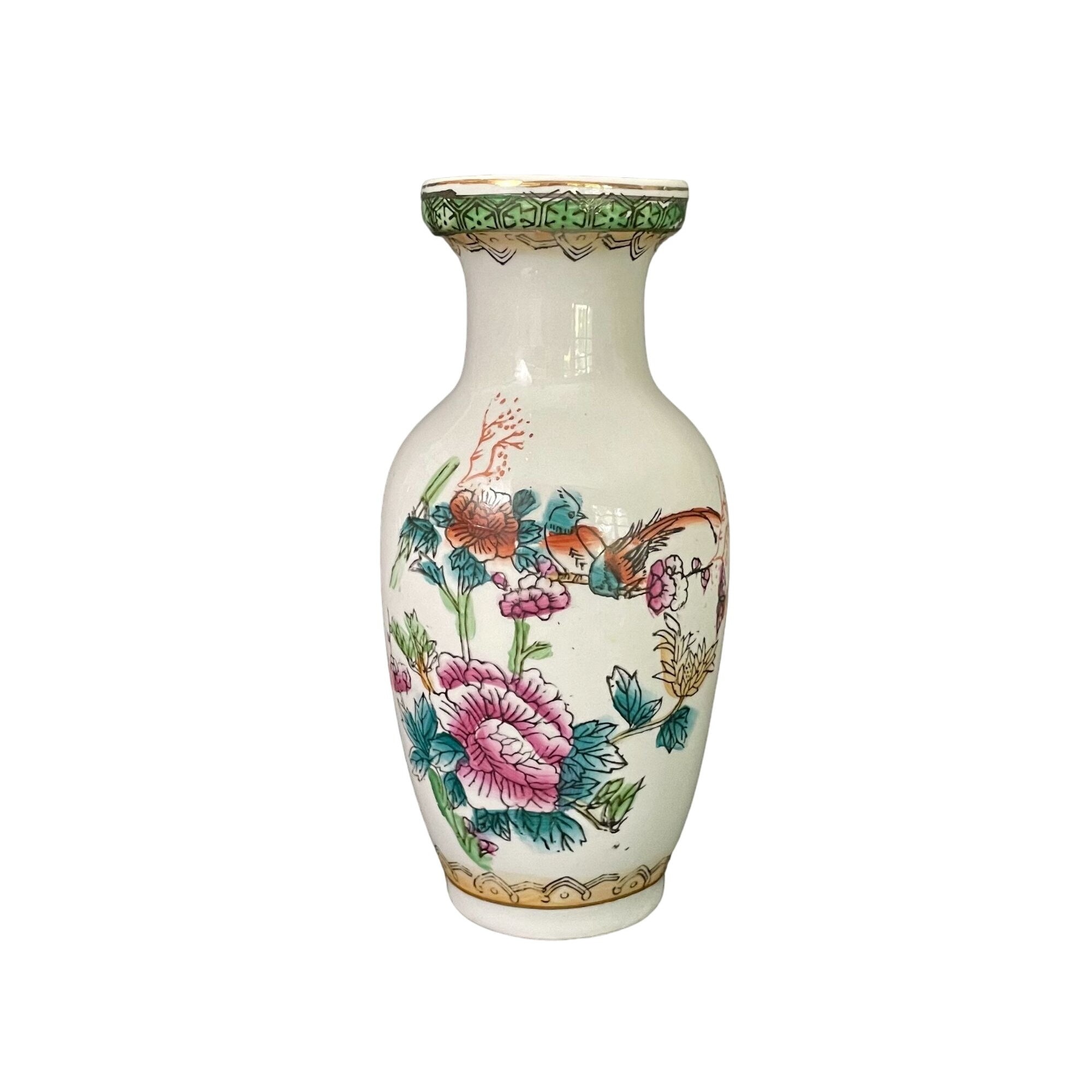 陶磁器製 花瓶 花と鳥の絵柄 鳥と花が描かれたヴィンテージ中国製花瓶 - アジア風装飾磁器瓶 - 高さ
