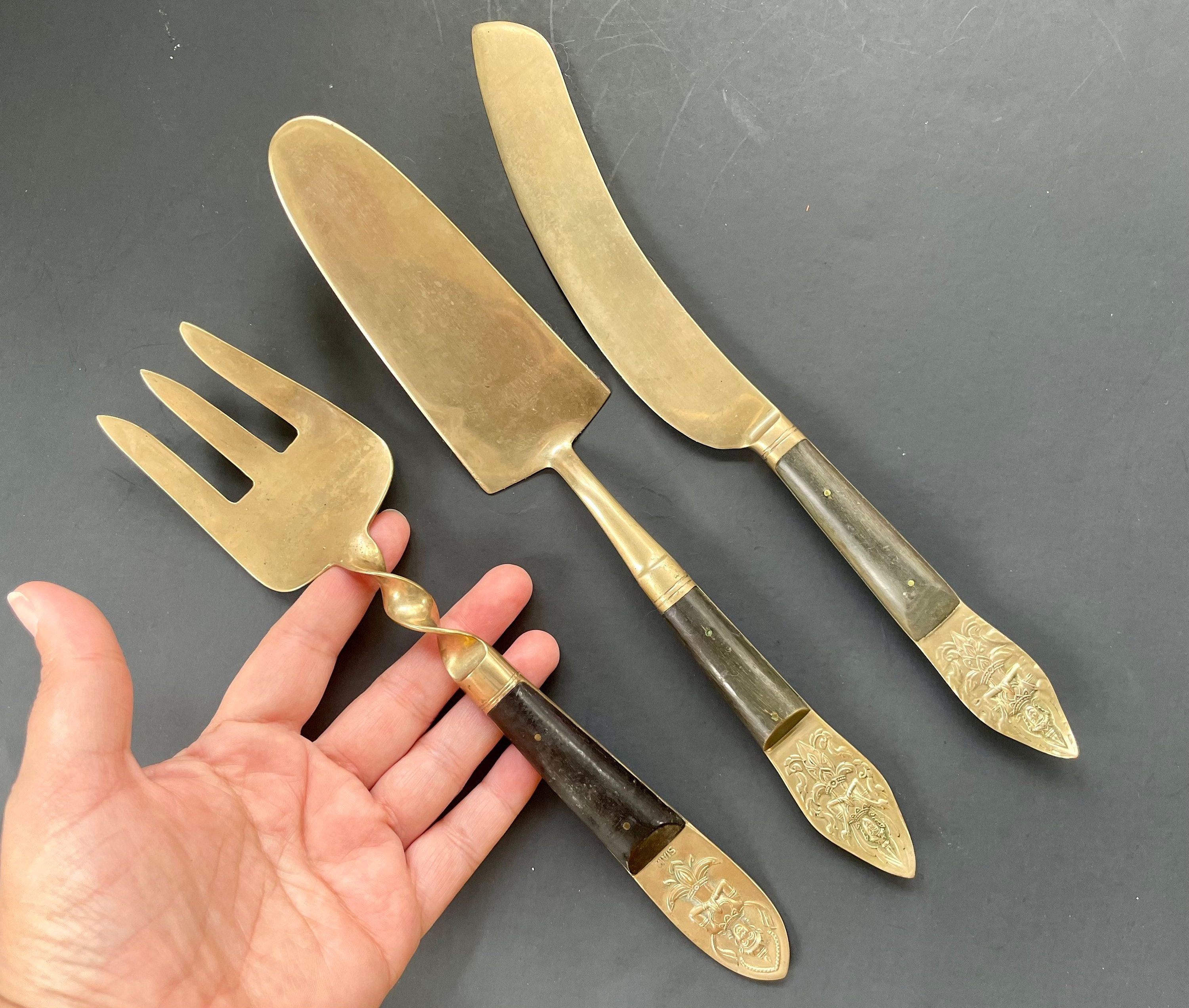 Vintage Siam Spatula Server Fork & Knife Set in Brass and Wood