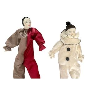 Vintage French Pierrot & Pierrette Mime Clown Doll Porcelain head feet hands PRICED INDIVIDUALLY Ceramic Face Harlequin collectible dolls.