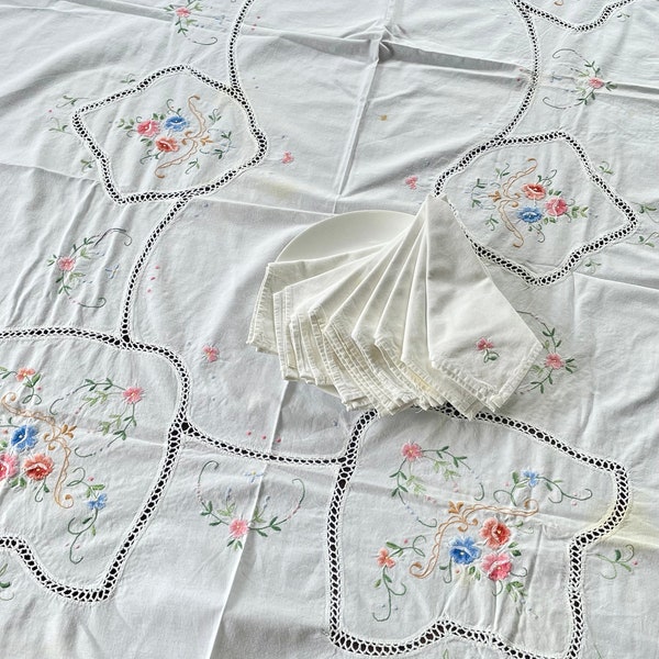 Vintage Handmade Tablecloth & 9 Napkins Set with Embroidery Floral Decor Crocheted Edges and Cut Work Details Antique table linen gift READ.