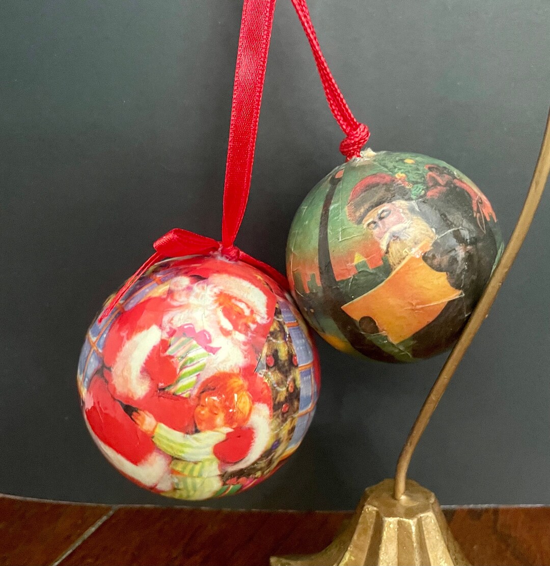 Vintage Paper Mache Decoupage Christmas Ball Ornaments With Santa and Children in Red & Green