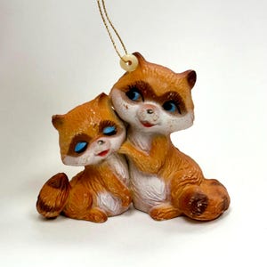 MCM Vintage Raccoons Ornament Mother & Baby Resin Figurine 2&quot; Midcentury Cute Animal Decor