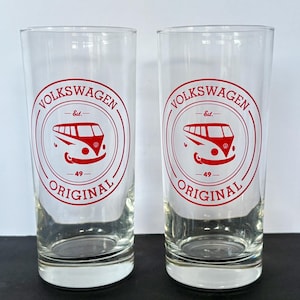 Vintage Volkswagen Bus Drinking Glasses | Set of 2 | Volkswagen Original ETS 49 | Red VW Transporter | 6&quot; Tumbler | Rare Retro Barware