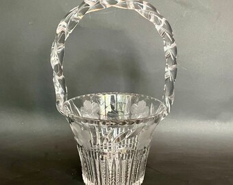 Vintage Cut Crystal Basket with Rope Handle & Etched Flowers 10 in wedding bridal centerpiece glass crystal decorative basket decor gift