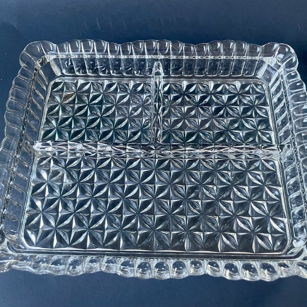 Vintage Indiana Depression Glass Divided Dish Cut Glass 3 parts Crystal Serving Tray Relish Dish Condiments Dip Nuts Holiday Table gift.