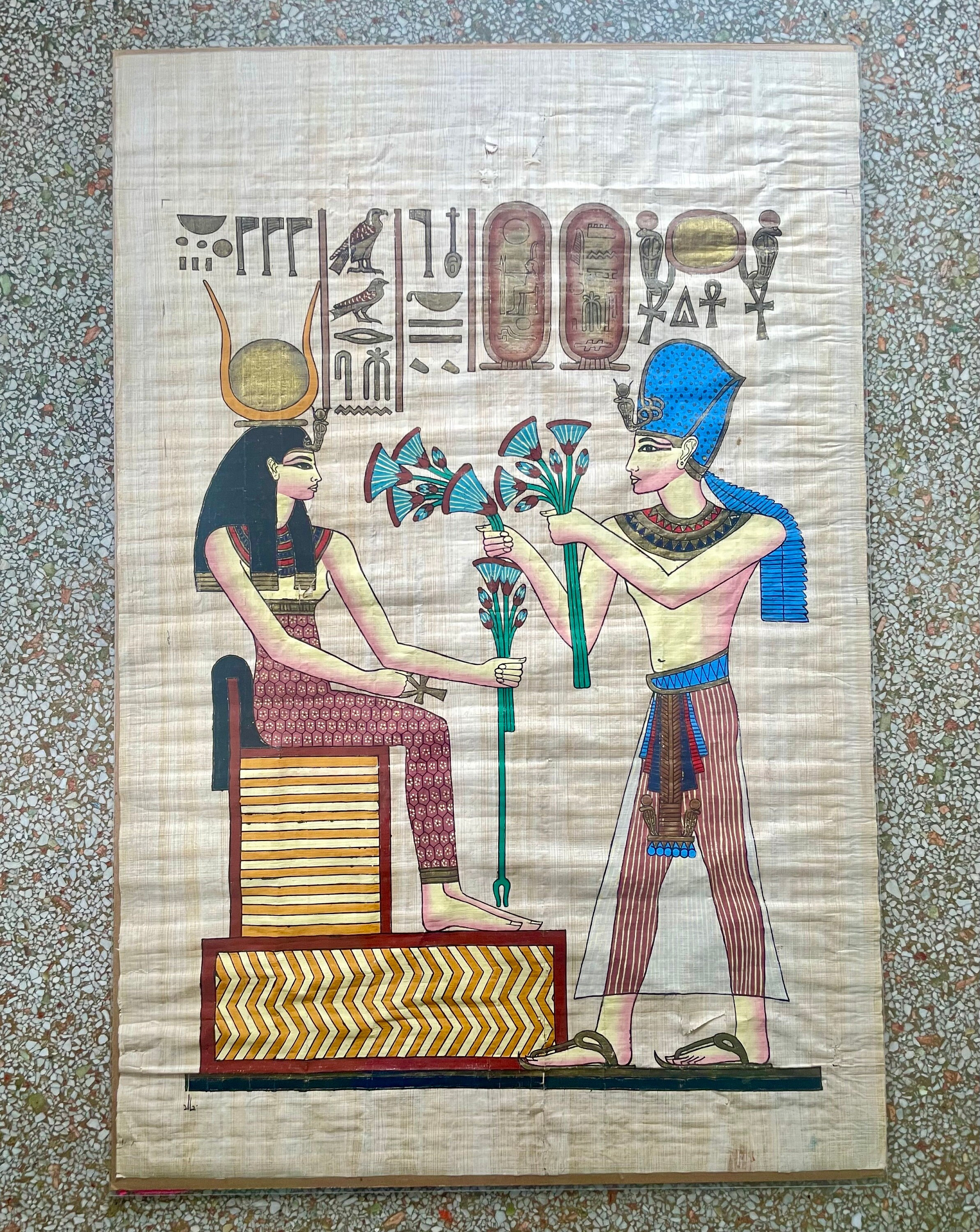 エジプト　パピルス　絵画　大きいSIZE ヴィンテージエジプトパピルス絵画XL – 大型本物手描き古代エジプト壁