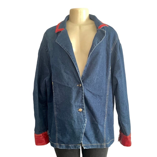 Vintage Gold Flava Denim Jacket with Red Cuffs and Collar plus size 24 2X faux leather, Plus size vintasge retro denim jacket 1980s fashion.