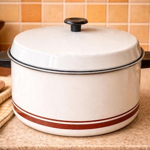 Vintage FOLEY Enamel Pot | Cream with Brown Stripes | 1970s Kitchen Cookware Enameled Pan with Lid
