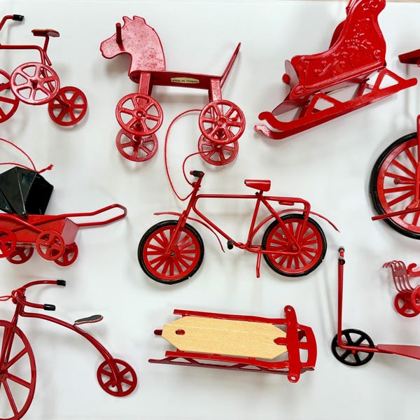 Vintage Metal Christmas Ornaments – Set of 10 – Bicycles, Sleds, Baby Carriages, Sled, and More – Red & Black – Made in Taiwan