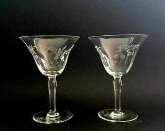 Vintage Champagne Glasses Set of 2, Mid Century Etched Crystal Coupes