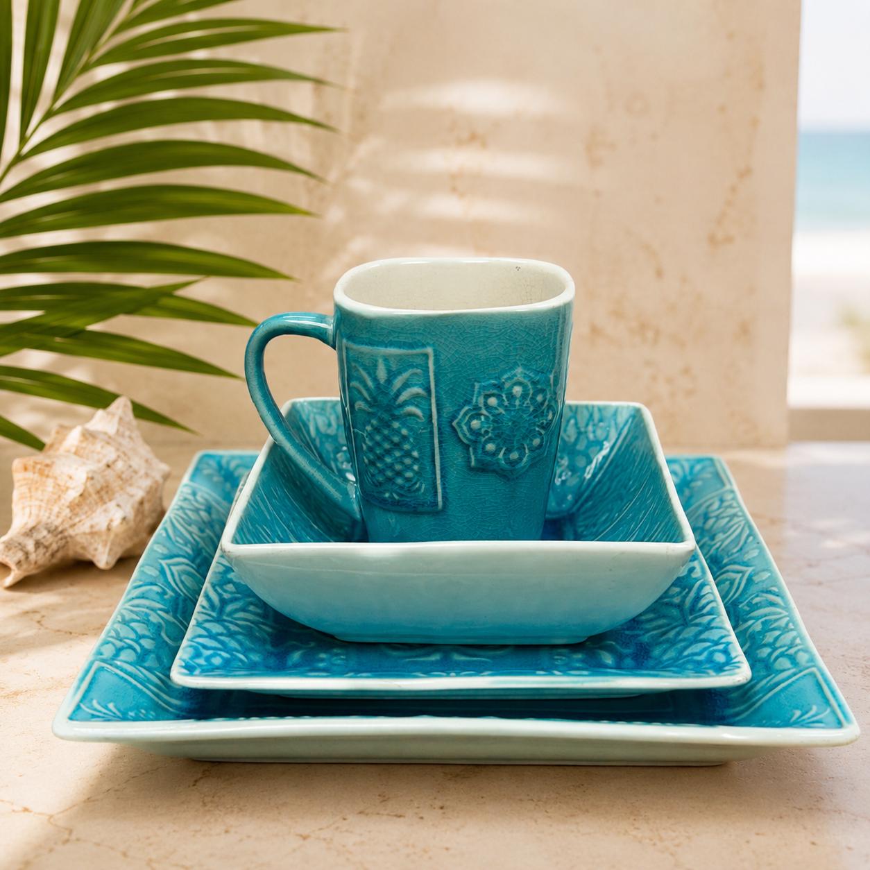 Rocher & Co Pineapple Turquoise Dinnerware – Embossed Square
