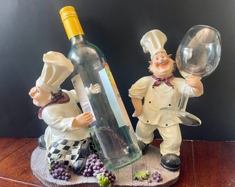 Vintage Chefs Wine Bottle Holder Kitchen decor wine Glass holder chef figurine comical retro kitchen decor gift.