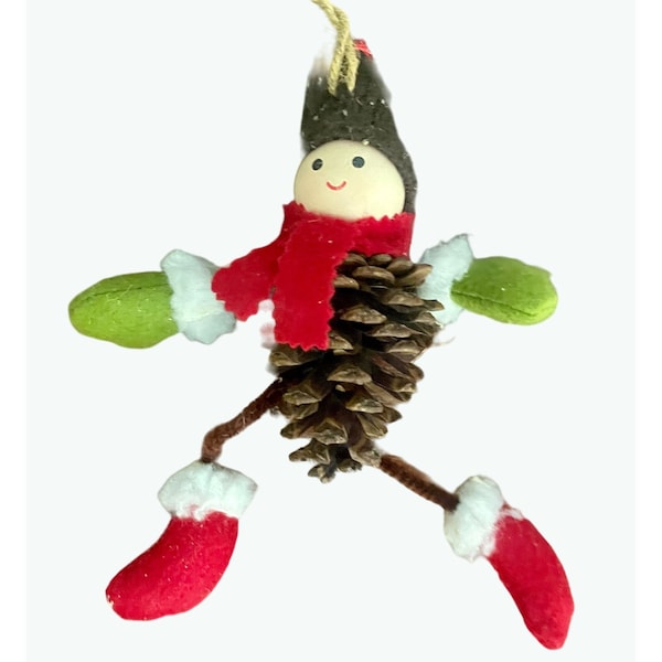 Woodland Gnome Pine Cone Elf Chirstmas Ornament in green & red, vintage natural pine cone ornament, retro Christmas decor brown pine cone.