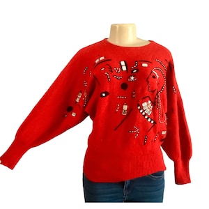 Vintage 1980s Red Lambswool & Angora Sweater – Embellished Graphic, Dolman Sleeves, Size M