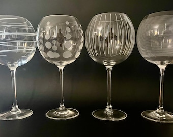 Mikasa Globe Wine Glasses of the Cheers SOLD SEPARATELY etched with Swirl Dots Lines Patterns Large Wine Glass bar decor gift for him.