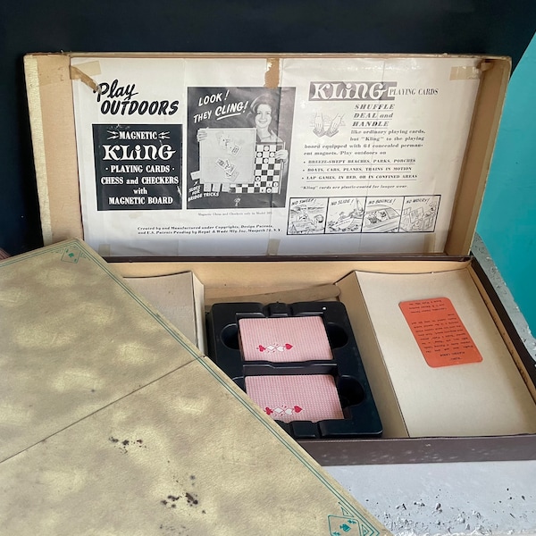 Vintage 50s Magnetic Authentic KLING Playing Cards w Game Board & Original Box midcentury magnetic board cards game gift collectible rare.