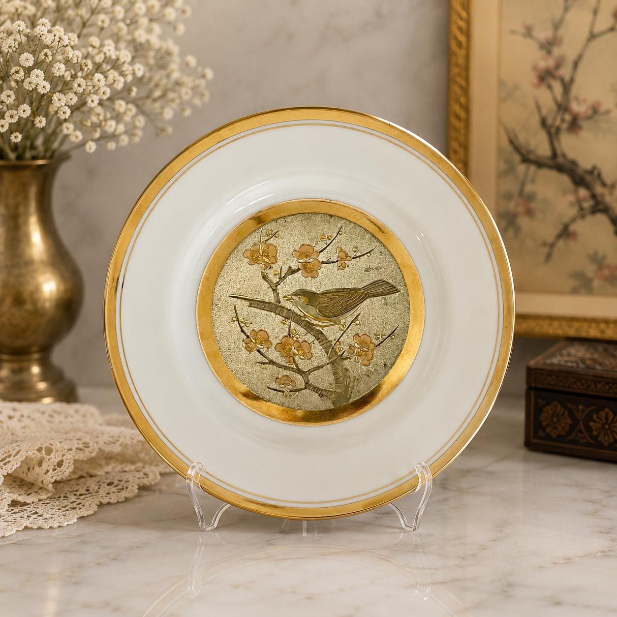 Vintage Chokin Art Plate – 24K Gold Bird & Floral Porcelain, Made