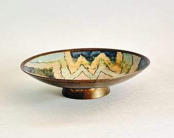 Vintage Indian Brass Cloisonné Decorative Bowl | Hand-Painted Zigzag Design | Footed Trinket Dish