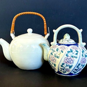 Vintage Teapots Lot of 2 – Wicker Handle & Ceramic Floral Japan and China Small Teapots