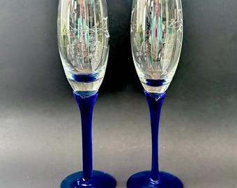 Vintage Cobalt Blue Champagne Flutes – Grapevine Etched Hand Blown Glasses – Set of 2