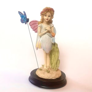 Vintage Fairy Figurine with Pink Wings & Butterfly • Retro Resin Flower Fairy on Wood Base • 6&quot; Tall Fairy Statue • Whimsical Fairy Decor
