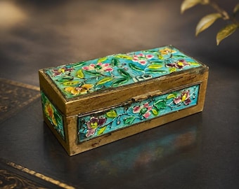 Antique Chinese Brass & Enamel Floral Box – Vintage Trinket Jewelry Box – Small Asian Decorative Gift
