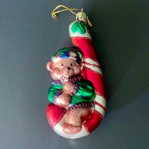 Blown Glass Teddy Bear Candy Cane Ornament – Red Sparkly, 5&quot; Tall | Retro Santa’s Best Style Christmas Decor Gift