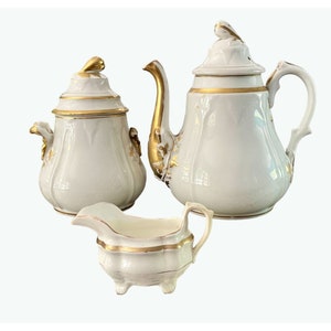 Antique Old Paris Porcelain set Teapot Sucrier & Creamer White with Gold accents XIX 19th Century READ DESCRIPTION Empire tea set 3 pieces. image 1