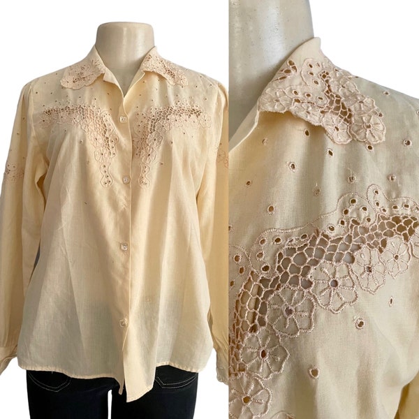 Vintage Cut Out Embroidered Blouse by Miami Creations size M Yellow Button up summer shirt cotton long sleeves medium cutwork 70s Florida.