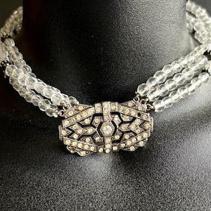 Vintage Rhinestone Choker Necklace – Art Deco Style Pendant, 17" Multistrand Crystal