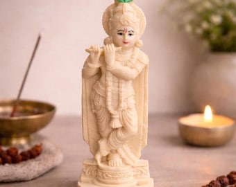 Vintage Krishna Statue Figurine – Hindu Deity Sculpture – Lord Krishna Playing Flute – Spiritual Altar Decor – 5.25”
