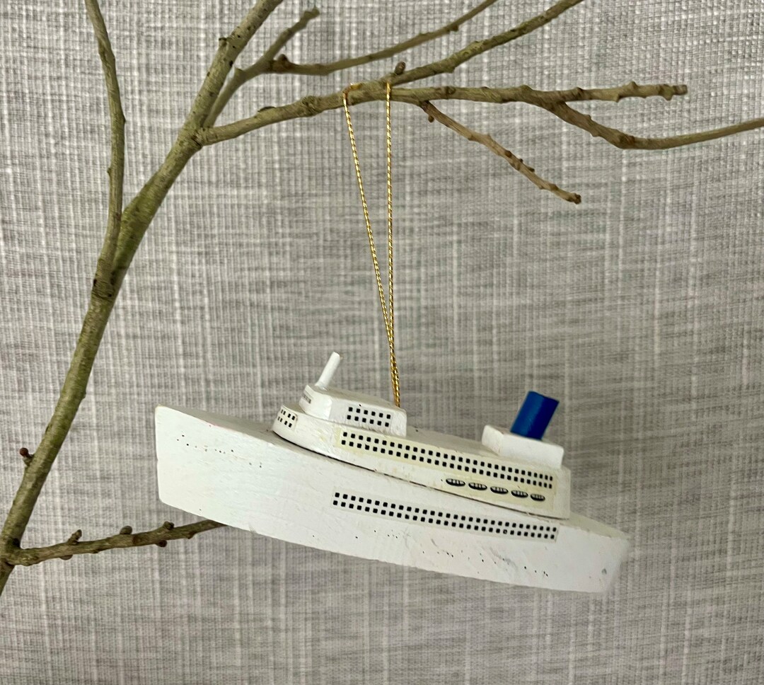 Vintage Wooden Boat Ornament Handmade in the USA in White Boat Ship