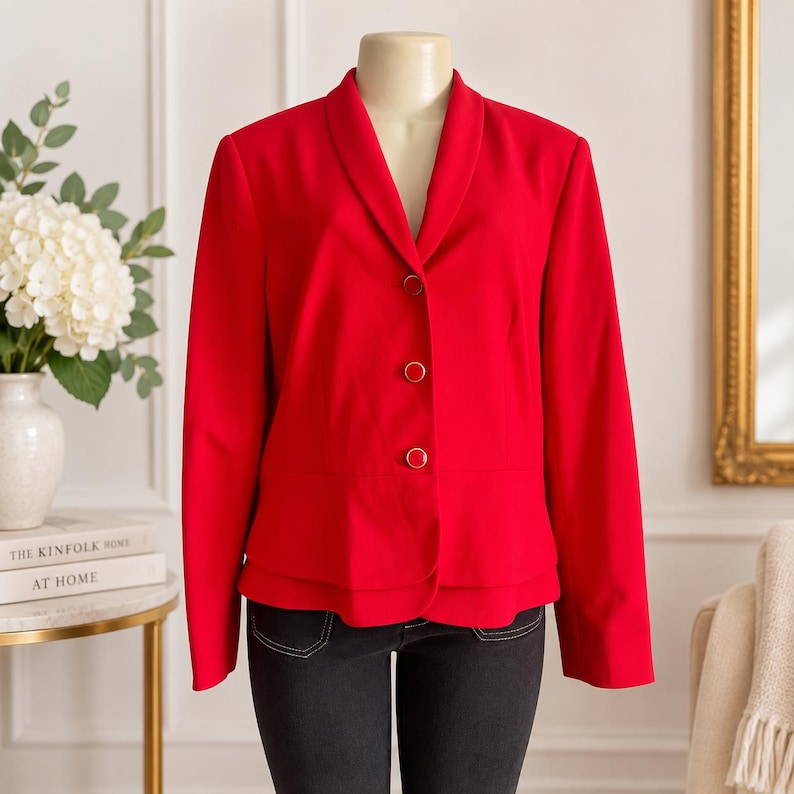 May include: A vibrant red blazer featuring a shawl collar, long sleeves, and a three-button front closure with gold-toned buttons. The jacket has a structured fit with a double-layered peplum hem detail at the waist, worn over dark pants.