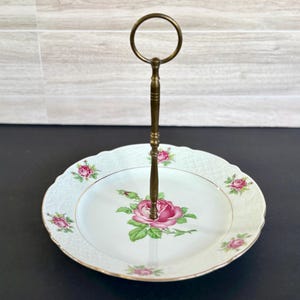 Vintage Bavaria Schumann Porzellan Dessert Tablett Platte mit Metallgriff Rosa Rose Design Platte 1 Tier Tier Tablett Küche Tischdeko Geschenk