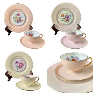 Vintage Puls Germany Footed Teacups & Saucers with Cake Plates – Porcelain Floral Gold Trim, Pink Multicolor, Sold Separately
