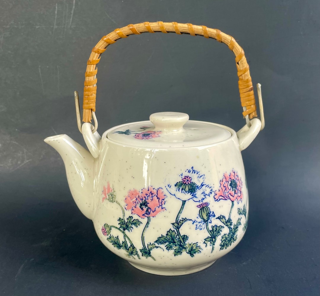 Vintage Toyo Japan Stoneware Teapot Wicker Handle & Pink Etsy