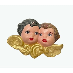 Vintage Plaster Cherub Wall Hanging • Angel Putti Faces • Gold Winged Plasterware • Depose Style Wall Decor • 4&quot; Retro Wall Angels