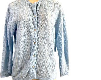 Vintage Millay Cardigan Sweater in Light Blue retro 70s long sleeve cardigan Acrylic Open Weave Size L Large gift fall spring jacket.