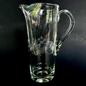 Vintage Glass Pitcher – 9&quot; Etched Floral Mid-Century Ice Lip Pitcher, Iced Tea, Lemonade, Kitchen Decor