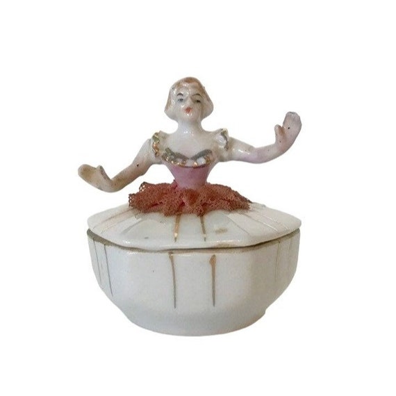 Vintage Ballerina Porcelain Jewelry Box with Lace… - image 1