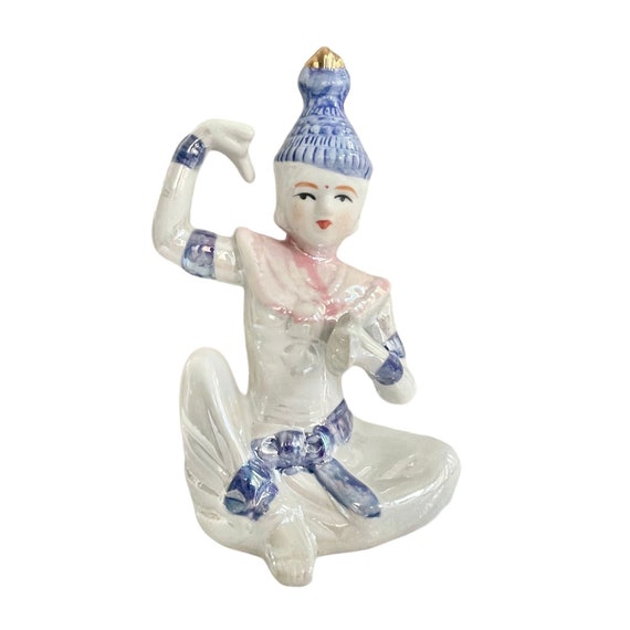 ヴィンテージタイの踊る仏像 – 青と金のディテールが施された虹色の