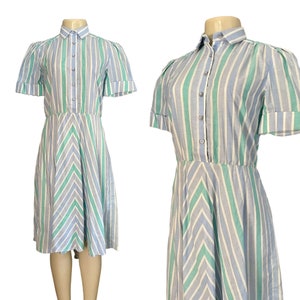 Vintage Dress by Schrader Sport Petites size S in blue & green 1960s midcentury women fashion summer midi dress small short sleeves gift.