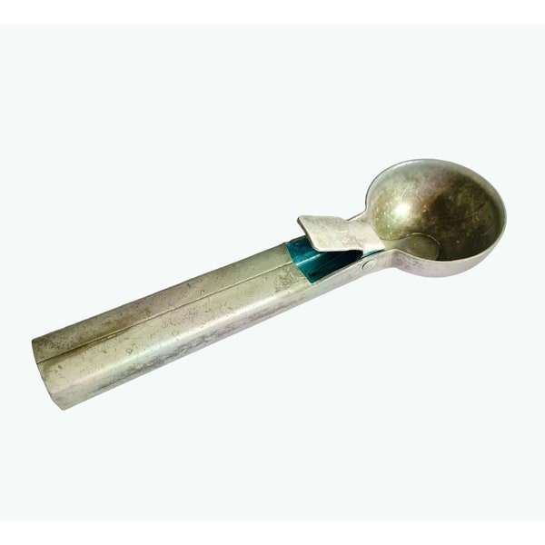 Vintage Aluminum Ice Cream Scoop push button & blue color inside midcentury ice cream parlor decor Cone Dipper scoop DonnitaLovesVintage.